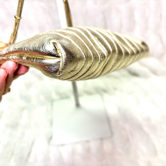 Lauren Merkin Shimmery Gold Clutch with Chain Evening Bag/ Cocktail Party - Picture 7 of 10